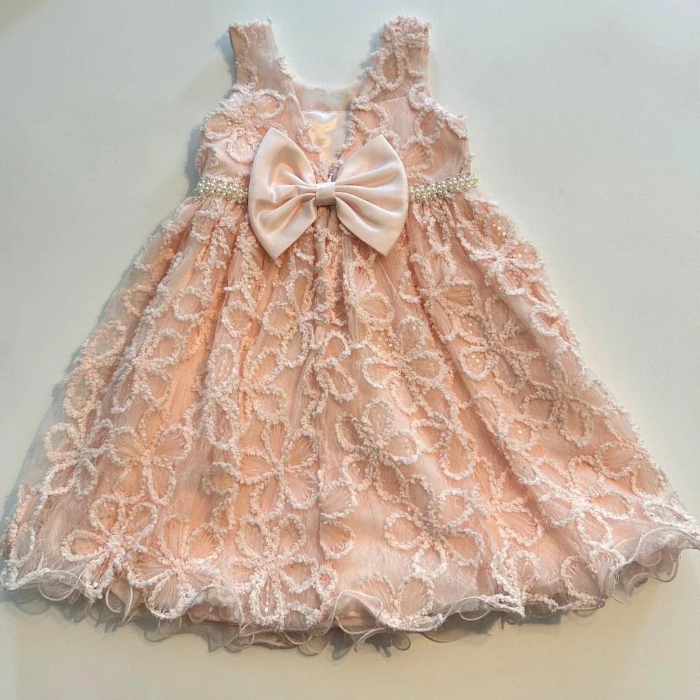 American Princess Pink Floral Pearl Rhinestone Waist Sleeveless Dress‎ 4 Kids